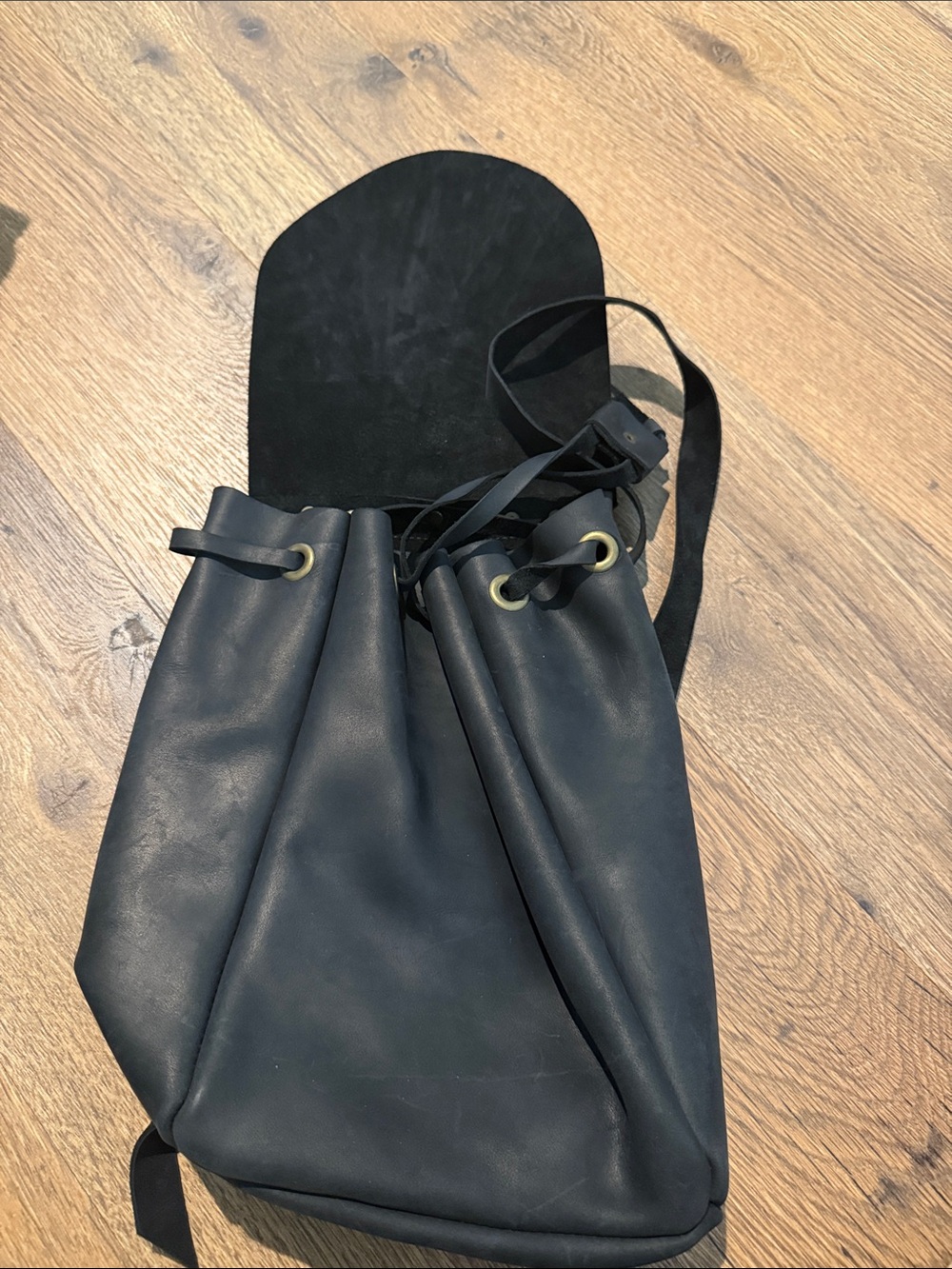 Black Leather Drawstring Shoulder Bag